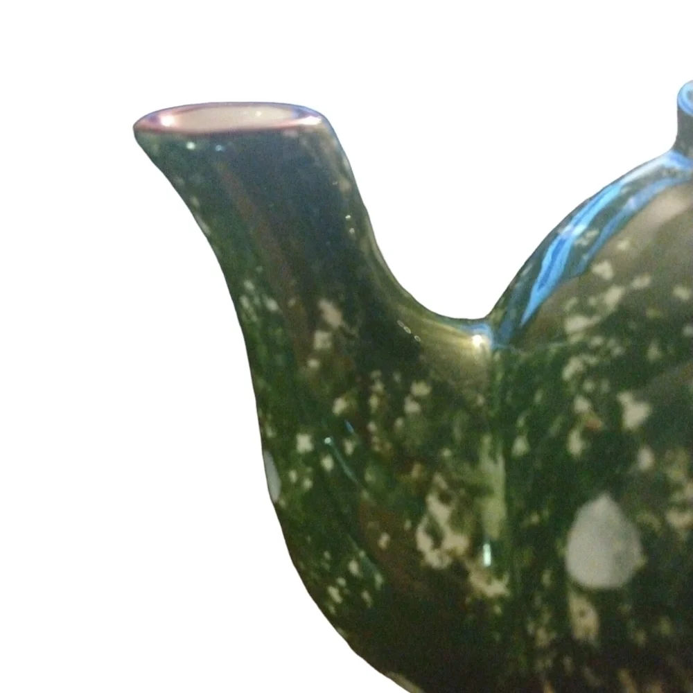 Cabin in the Woods Winter Teapot Spongeware Green & White Chance Hold Ceramic